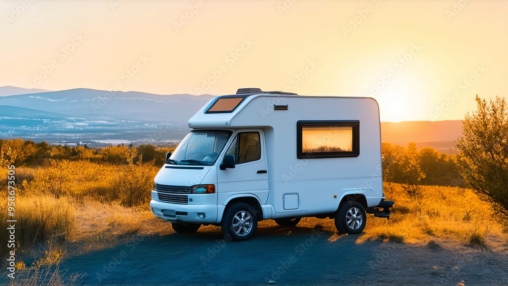 A camper van parked in a scenic landscape during sunset. Travel with camper?van?or motorhome. Resting on an active family vacation on a road trip. A camper van parked in a scenic landscape during sunset. Travel with camper?van?or motorhome. Resting on an active family vacation on a road trip.