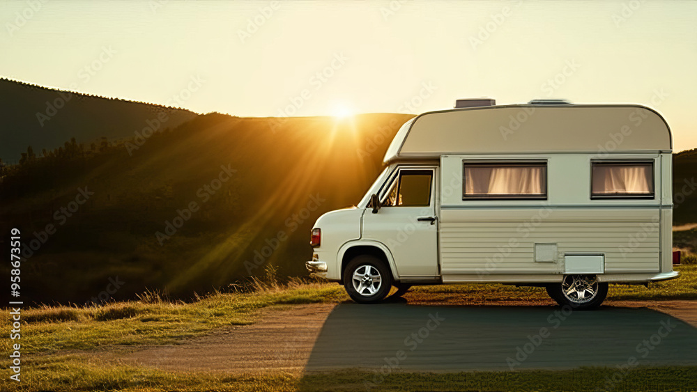 A camper van parked in a scenic landscape during sunset. Travel with camper?van?or motorhome. Resting on an active family vacation on a road trip. A camper van parked in a scenic landscape during sunset. Travel with camper?van?or motorhome. Resting on an active family vacation on a road trip.