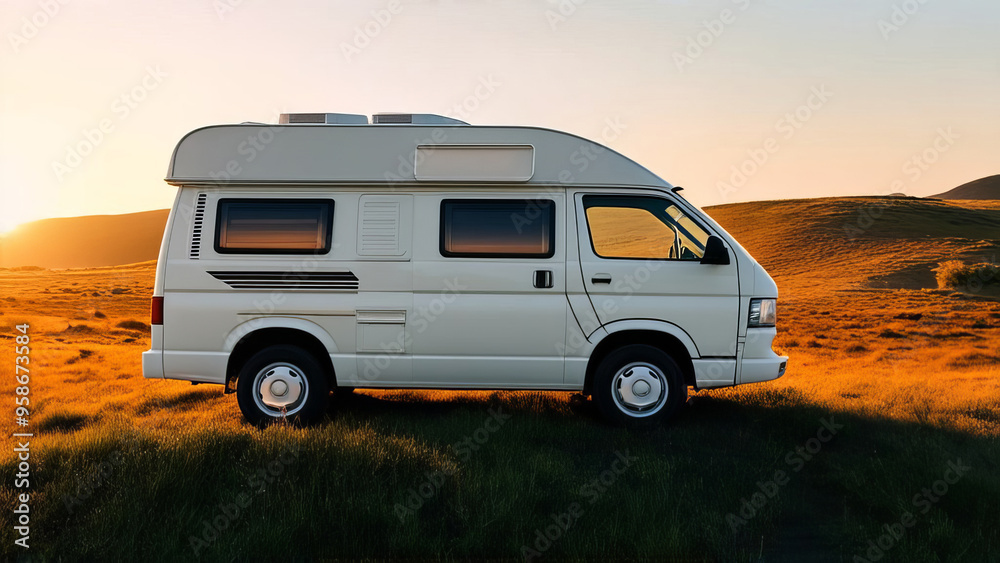 A camper van parked in a scenic landscape during sunset. Travel with camper?van?or motorhome. Resting on an active family vacation on a road trip. A camper van parked in a scenic landscape during sunset. Travel with camper?van?or motorhome. Resting on an active family vacation on a road trip.