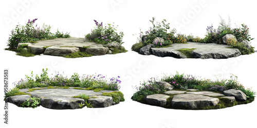 Garden with large flat stones plants and flowers isolated on white background Landscaping concept