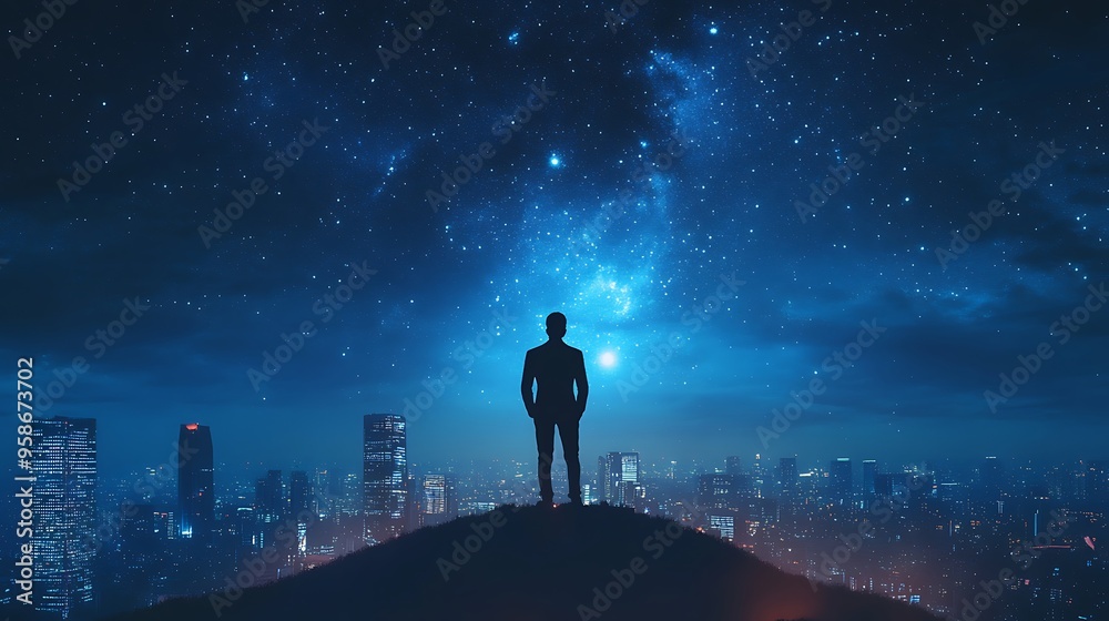 Silhouette of a Businessman Standing on a Skyscraper Representing Ambition and Financial Success with a Glowing City Below Against a Starry Sky