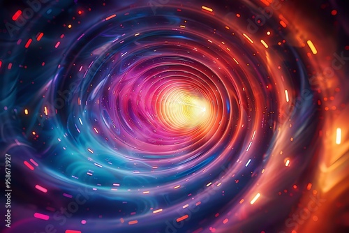  A vibrant, swirling galaxy filled with bright lights and colorful stars in hues of purple, blue, red, and gold. This mesmerizing cosmic vortex is perfect for space-themed designs and creative project