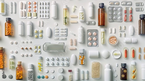 Variety of medical supplies and supplements displayed neatly on a white background, ideal for healthcare and wellness concepts.