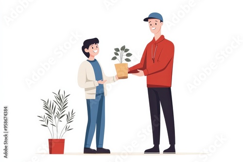 Two individuals sharing a joyful moment, exchanging a potted plant that symbolizes generosity and growth under a bright atmosphere.