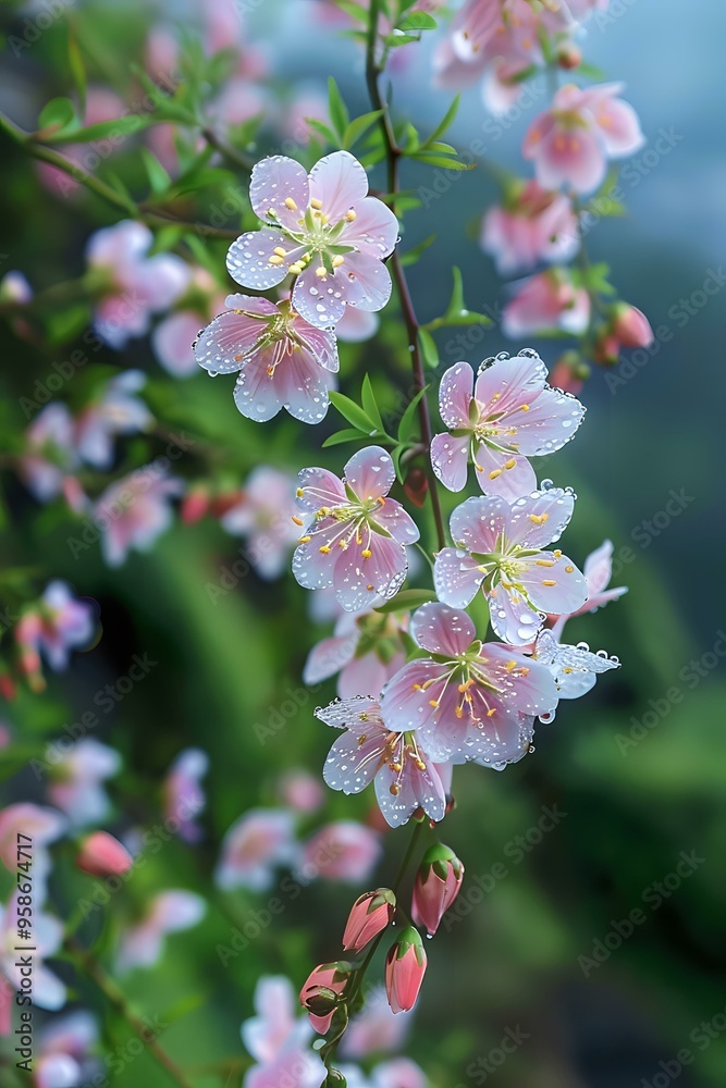 Obraz premium A beautiful close-up of delicate pink flowers covered in dew, hanging from a branch with a lush green backdrop. Perfect for nature photography, floral designs, and spring-themed projects.