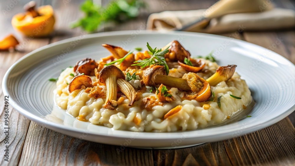 A creamy chanterelle mushroom risotto is presented in a white plate with a shallow depth of field, chanterelle mushroom, food, meal, autumn, dish, gourmet, tasty, fall, appetizing A creamy chanterelle mushroom risotto is presented in a white plate with a shallow depth of field, chanterelle mushroom, food, meal, autumn, dish, gourmet, tasty, fall, appetizing