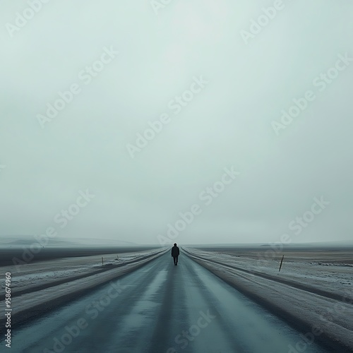 A man walk on an empty desert highway at sunset with a wide horizon and scattered clouds in the sky