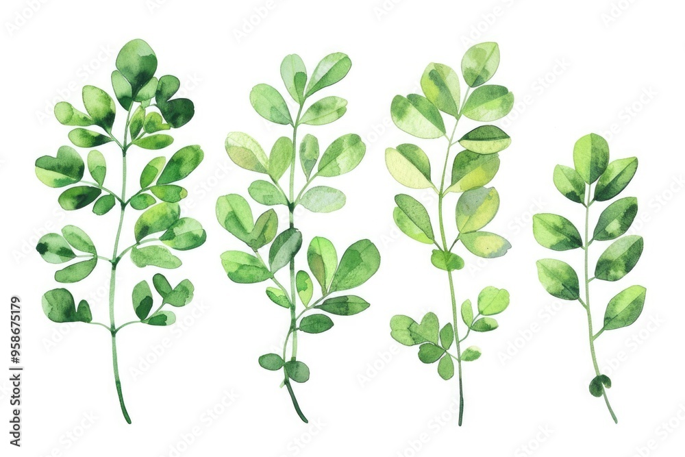Fototapeta premium Green Herbal Leaf. Watercolor Illustration of Fresh Moringa Leaves on White Background