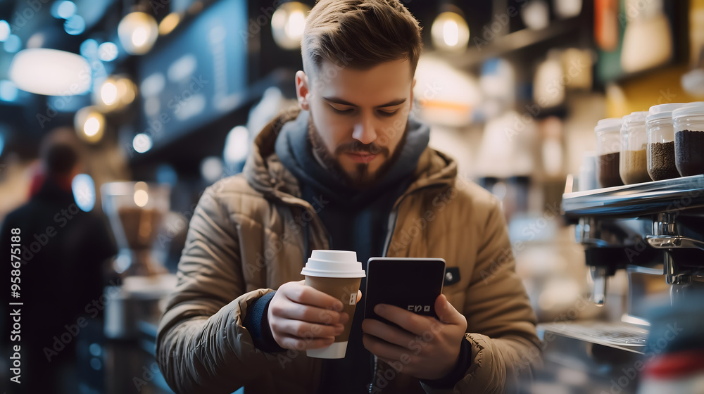 Man Checking Phone with Coffee Man Checking Phone with Coffee