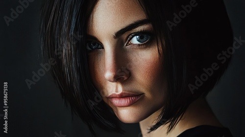 A captivating portrait of a woman in her thirties, exuding confidence with her sleek bob haircut and piercing grey eyes. Her gaze, both intense and mysterious, draws you in, leaving a lastin photo