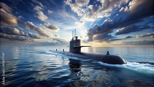 A heavy atomic submarine floats silently in the vast ocean, propulsion, water, steel, machinery, propulsion, heavy, oceanic, navy, military, powerful, blue, instrument,submarine photo