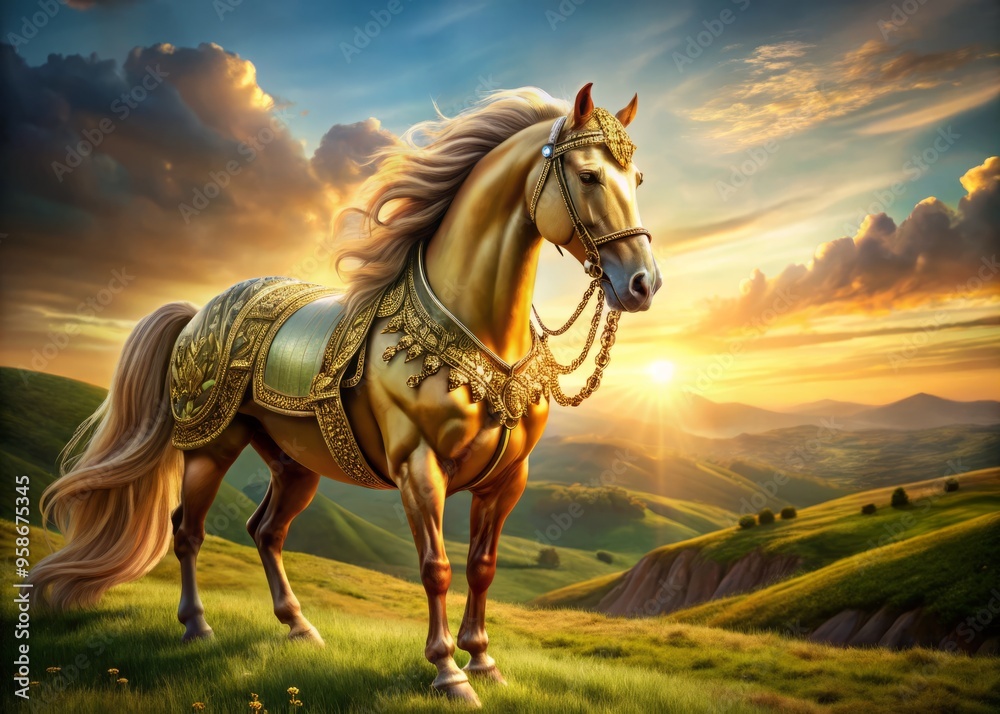 Majestic golden horse with intricate bridle and gleaming metal adornments, set against a serene, sun-kissed landscape Majestic golden horse with intricate bridle and gleaming metal adornments, set against a serene, sun-kissed landscape