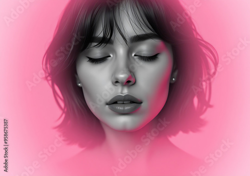 Artistic portrait of a woman in black and white with a pink overlay. The closed eyes and serene expression create a calming, introspective mood.