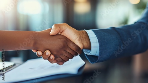 A close-up of a handshake symbolizing partnership and agreement in a professional setting.