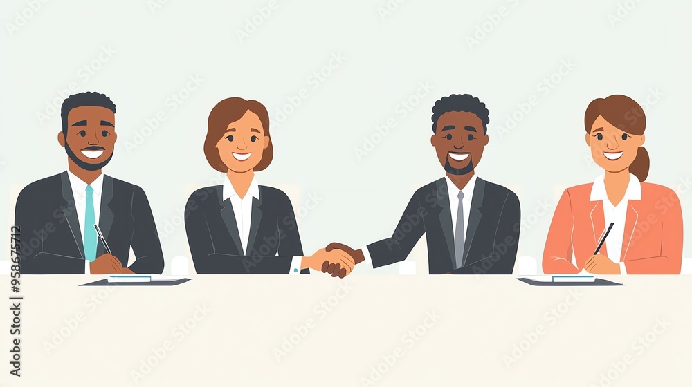 A diverse group of professionals engaged in a handshake at a meeting table, symbolizing collaboration and partnership. A diverse group of professionals engaged in a handshake at a meeting table, symbolizing collaboration and partnership.