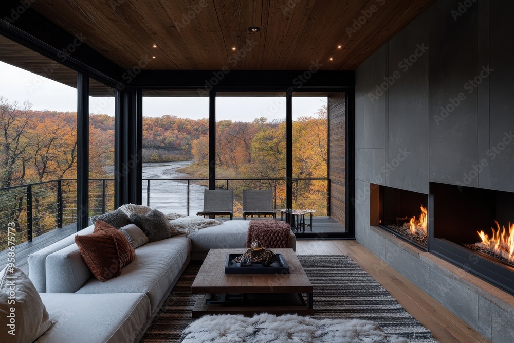 A well-designed modern living space featuring floor-to-ceiling windows providing a magnificent river view, equipped with a cozy fireplace and stylish, comfortable seating. A well-designed modern living space featuring floor-to-ceiling windows providing a magnificent river view, equipped with a cozy fireplace and stylish, comfortable seating.