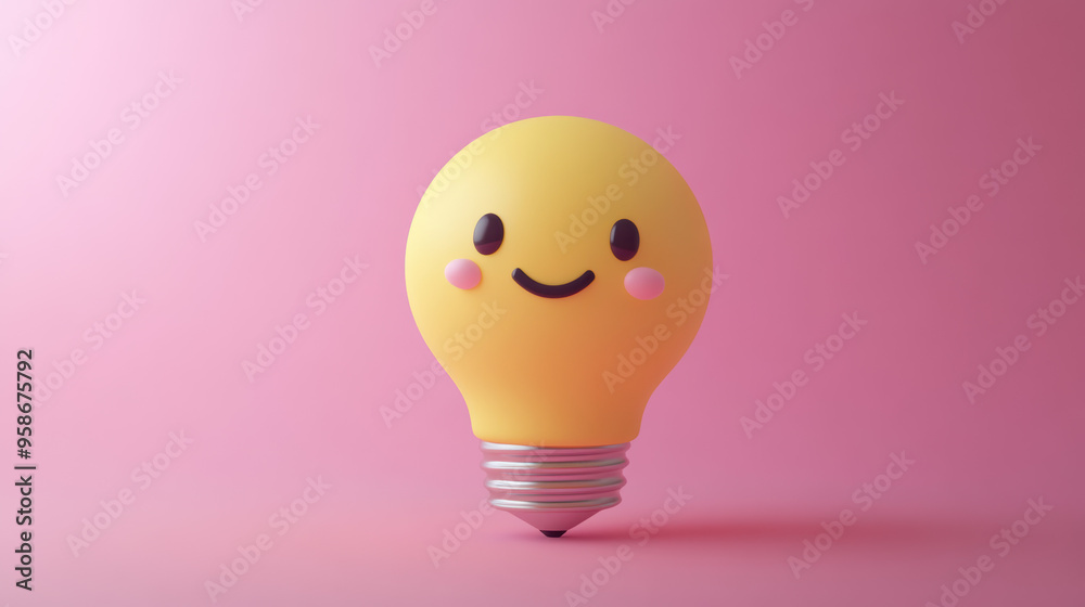 A cute, smiling lightbulb with rosy cheeks against a smooth pink background. A blend of creativity and innocence perfect for diverse uses. A cute, smiling lightbulb with rosy cheeks against a smooth pink background. A blend of creativity and innocence perfect for diverse uses.