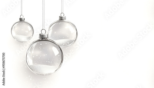 Transparent glass Christmas tree balls filled with snow on a white background. Christmas background with Christmas tree games on a white background. Merry Christmas and Happy New Year.
