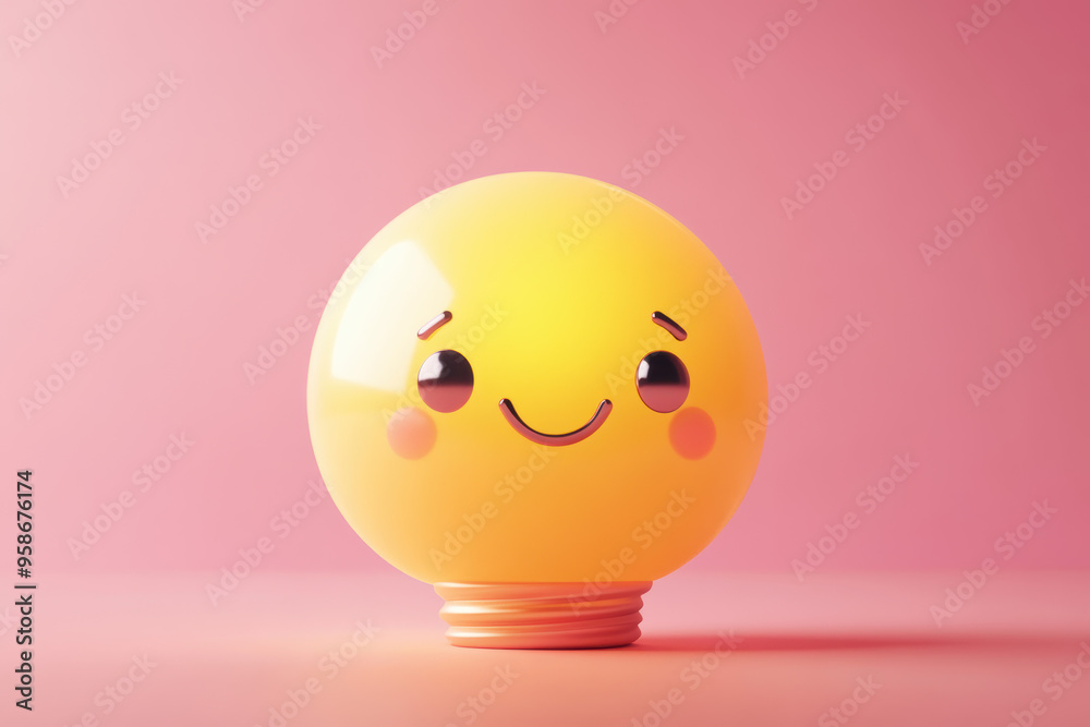 A cute, smiling light bulb character with a happy face, set against a soft pink background, radiating warmth and positivity. A cute, smiling light bulb character with a happy face, set against a soft pink background, radiating warmth and positivity.