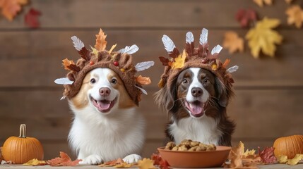 Two cheerful dogs wearing turkey costumes eagerly munch on food from a bowl at a festive table adorned with pumpkins and colorful autumn leaves