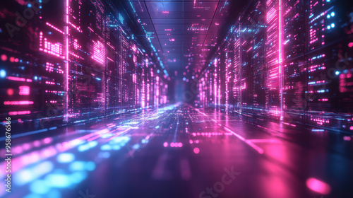 Futuristic neon-lit data center with rows of server racks and glowing digital elements, illustrating advanced technology and high-speed data transfer.