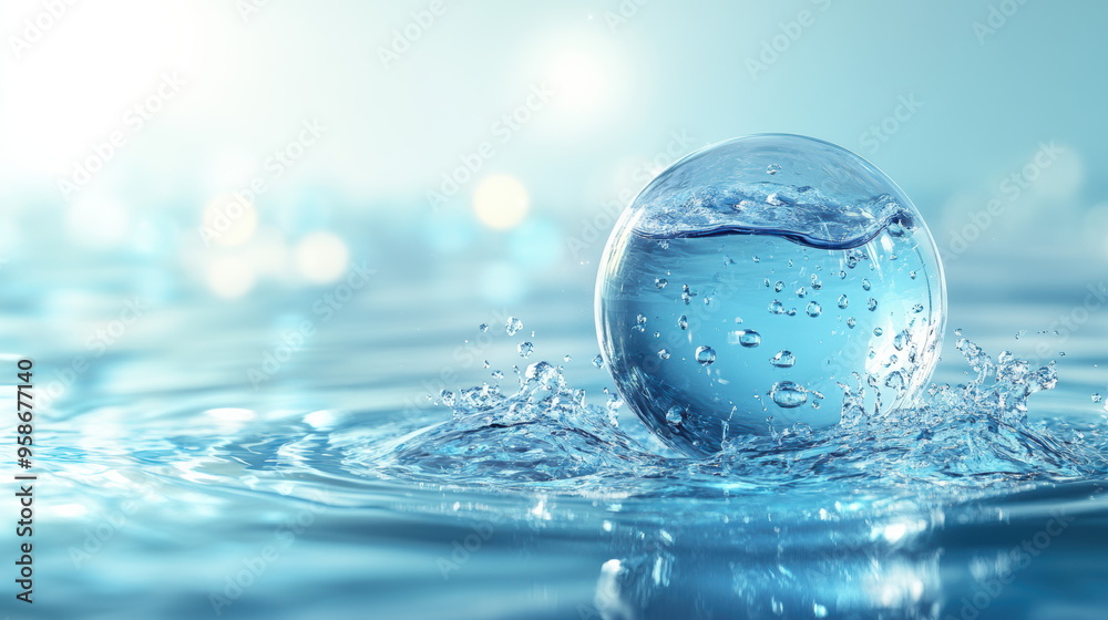Close-up of a transparent water droplet splashing into a serene, blue water surface, with a soft bokeh background, symbolizing purity and tranquility. Close-up of a transparent water droplet splashing into a serene, blue water surface, with a soft bokeh background, symbolizing purity and tranquility.