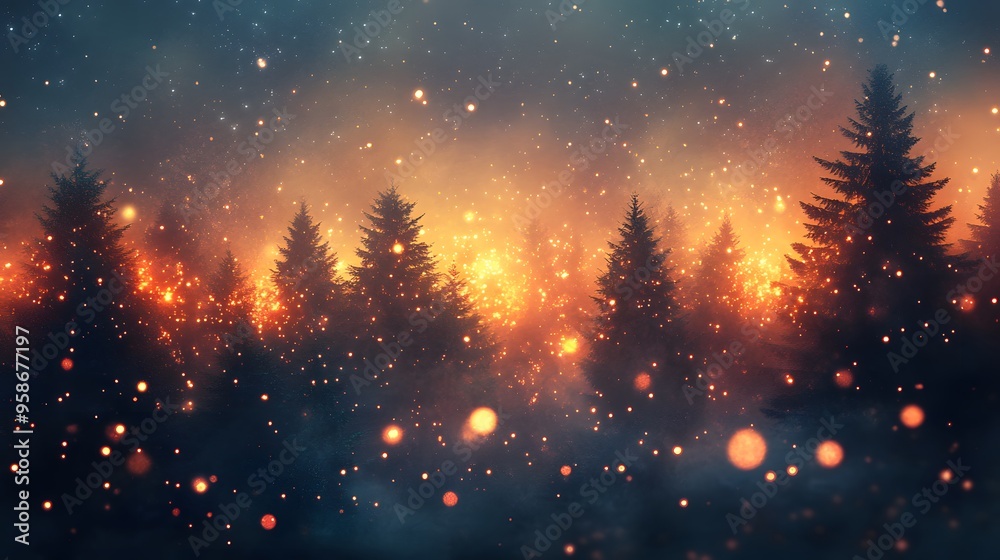 Magical Forest Night with Glowing Lights and Stars