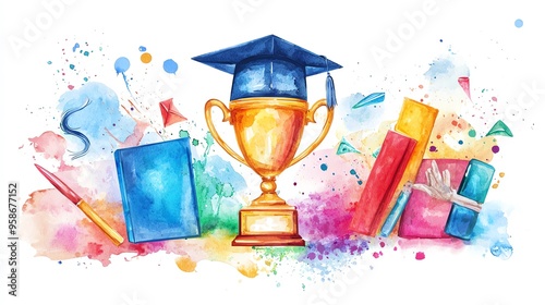 A vibrant watercolor illustration featuring a trophy, books, and graduation cap, symbolizing academic achievement and success. photo