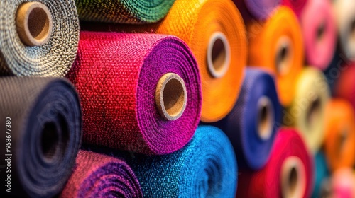 Colorful fabric rolls in close-up, neatly aligned to showcase texture, pattern, and vibrant color diversity.