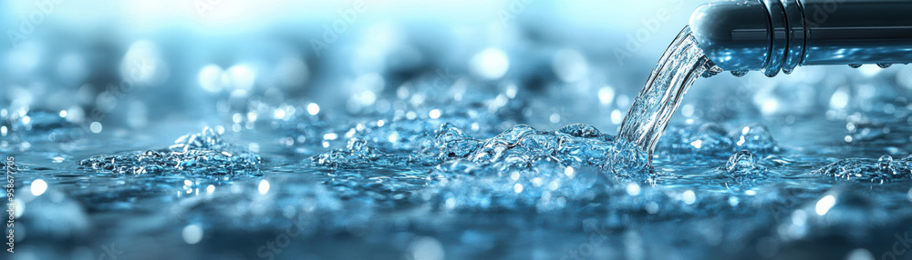 Close-up of clear water flowing from a metallic spout into a sparkling blue surface, representing freshness and purity. Close-up of clear water flowing from a metallic spout into a sparkling blue surface, representing freshness and purity.