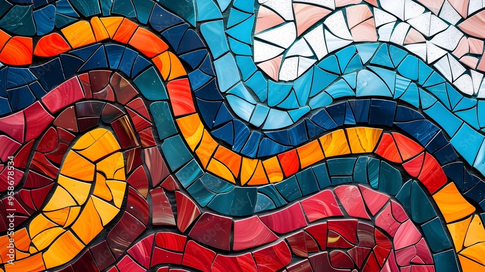 Fototapeta premium A colorful mosaic tile design with a blue and white stripe