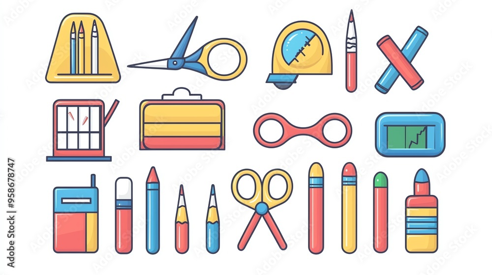 A colorful collection of school and office supplies, perfect for design projects, educational materials, or creative backgrounds. A colorful collection of school and office supplies, perfect for design projects, educational materials, or creative backgrounds.