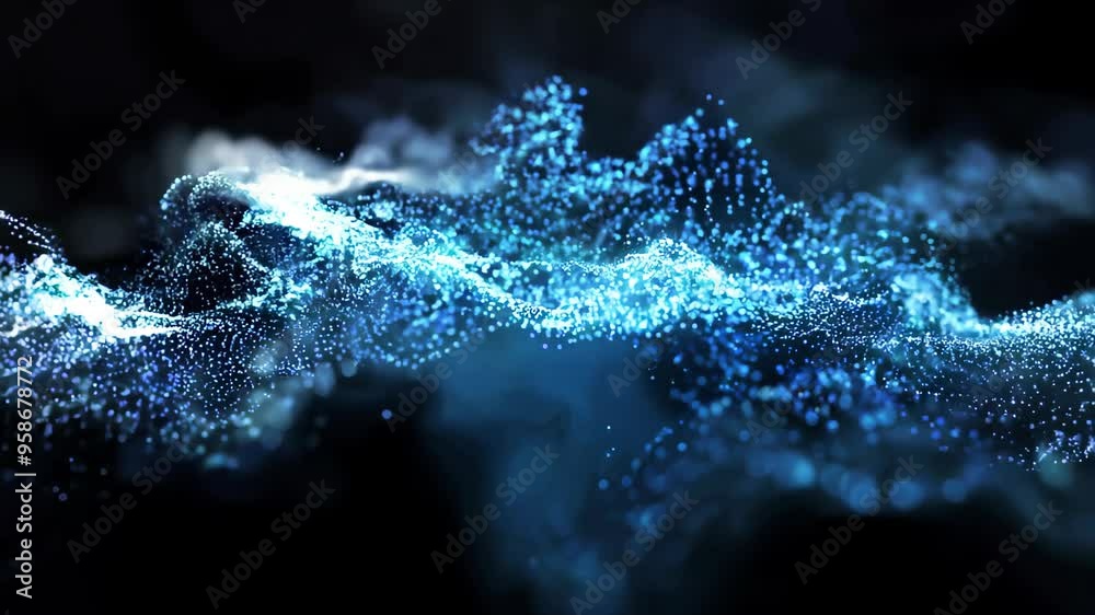 
Abstract blue particles floating and swirling in dark space, creating a mesmerizing dynamic wave pattern with a soft glowing effect, resembling cosmic energy flow