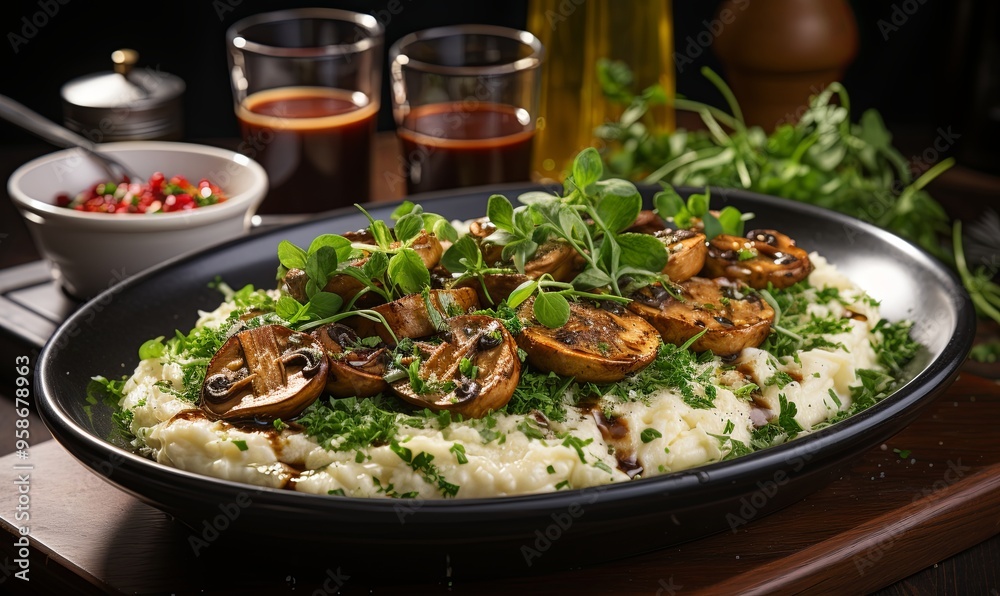 Plate of Mashed Potatoes With Mushrooms and Greens Plate of Mashed Potatoes With Mushrooms and Greens