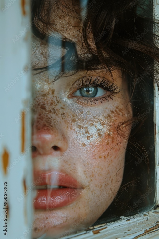 Fototapeta premium Close up of a woman's face with freckles, portrait, vertical background