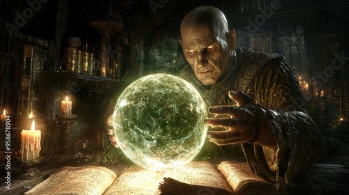 Dark Sorcerer Gazing into Crystal Ball. photo