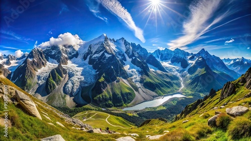 panoramic view, adventure, Europe, majestic, fisheye, snow-capped, travel, beauty, clouds, peak, Panoramic view of the majestic Mont Blanc mountain range shot with a fisheye lens