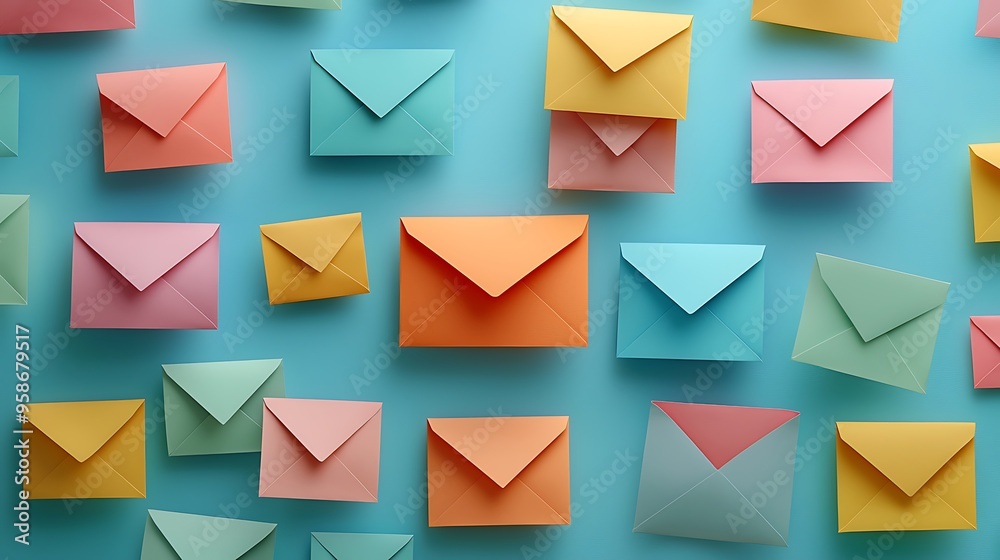A spread of vibrant envelopes rests on a blue canvas, capturing the essence of communication and the charm of handwritten letters. A spread of vibrant envelopes rests on a blue canvas, capturing the essence of communication and the charm of handwritten letters.
