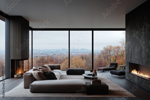 Modern living room featuring sleek furniture, a stylish fireplace, and expansive glass windows offering a breathtaking view of the city skyline and autumn landscape outside. photo