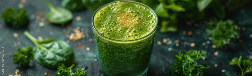 Glass of green juice with spinach and nuts, banner, copy space, drink background Glass of green juice with spinach and nuts, banner, copy space, drink background