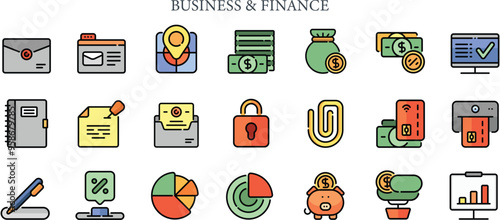 Business And Finance Icons set. Mail, map, monitor, notebook, padlock, paperclip, payment method, percentage, pen, pie chart, piggy bank, plant, presentation, Vector illustration