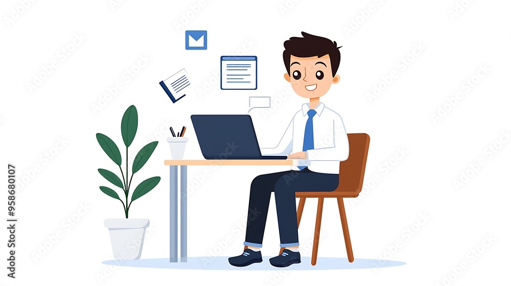 A smiling businessman works at his desk, laptop open and a plant nearby, exuding a sense of calm productivity. A smiling businessman works at his desk, laptop open and a plant nearby, exuding a sense of calm productivity.