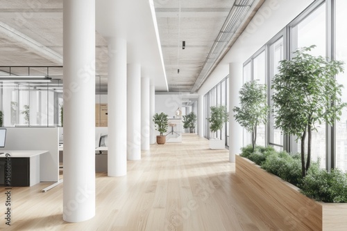 Modern Office Interior with White Columns and Natural Light