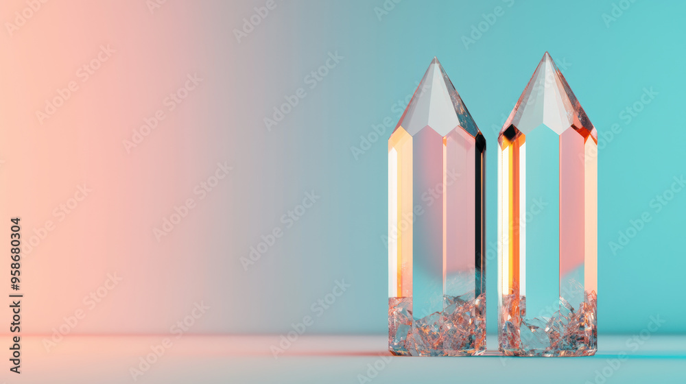 Obraz premium Elegant crystal formations with a gradient teal and coral background, capturing their beauty and clarity in a minimalist setting.