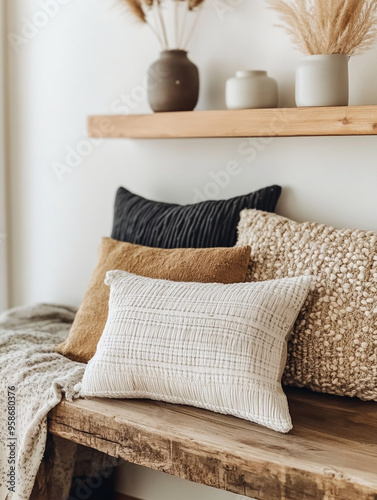 This is the interior of a country house. This is the modern interior of a modern country house with cushions on wooden benches and pottery on wooden shelves. Generative AI