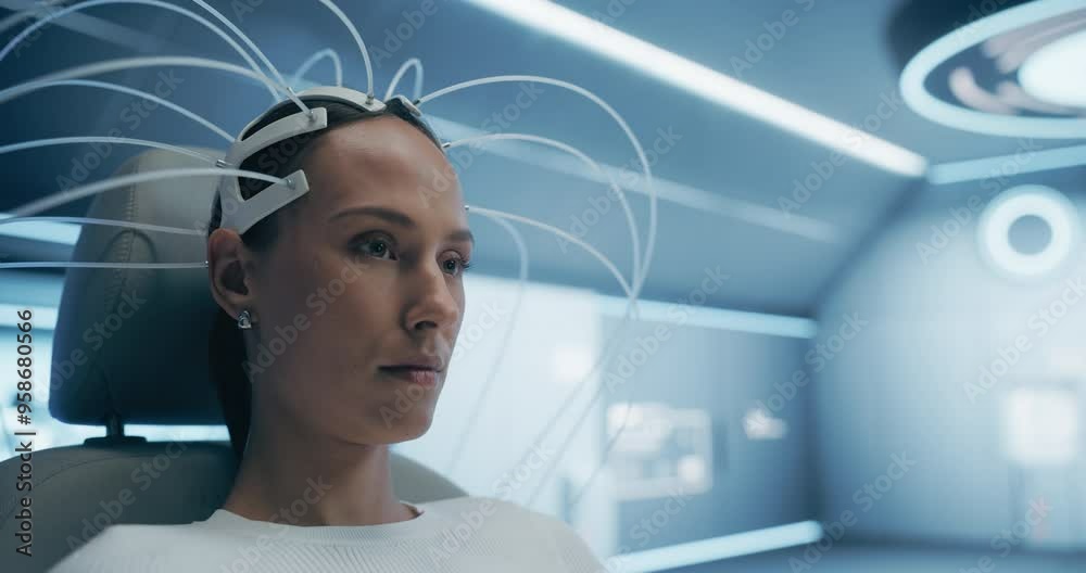 Futuristic Medical Laboratory: Female Patient wearing Headset. Brain ...