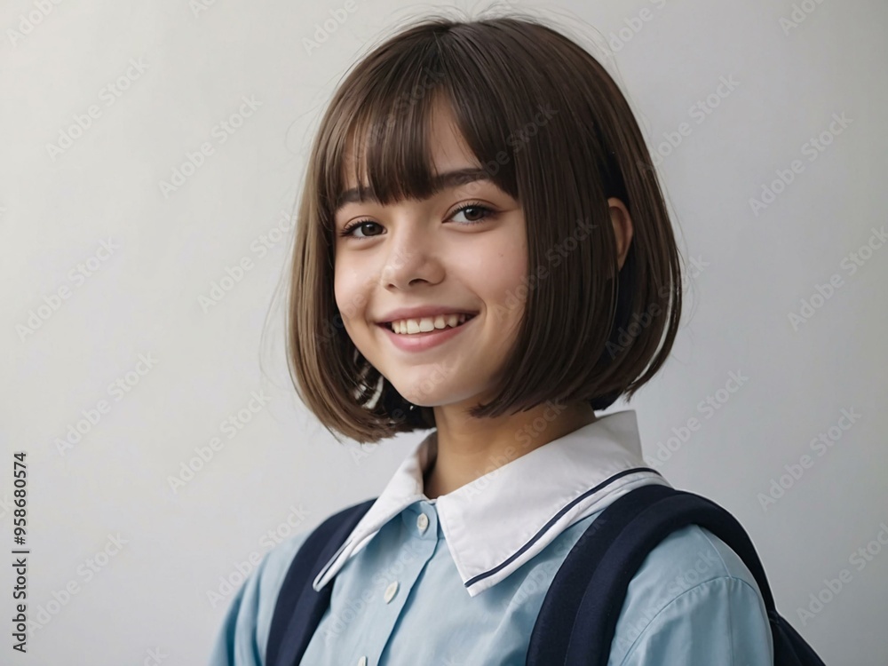 Schoolgirl with a bob haircut, smiling brightly on a plain white background in anime cartoon style. Schoolgirl with a bob haircut, smiling brightly on a plain white background in anime cartoon style.