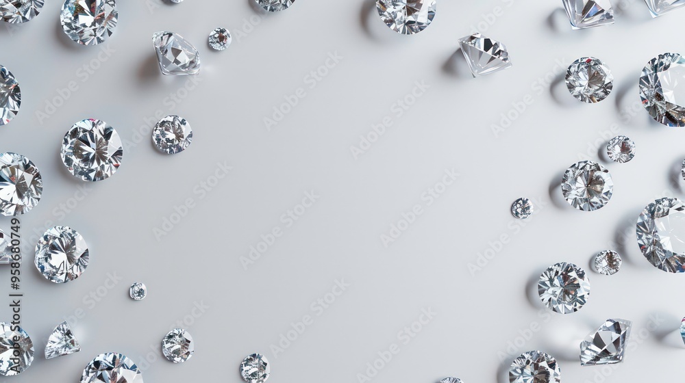 Shiny diamonds arranged in a frame around an empty space on a gray background. Shiny diamonds arranged in a frame around an empty space on a gray background.
