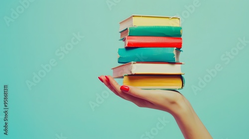 Bookish Harmony: Woman's Hands Clutch Stack of Books, Reflecting Education, Science, Knowledge, and Literary Joy