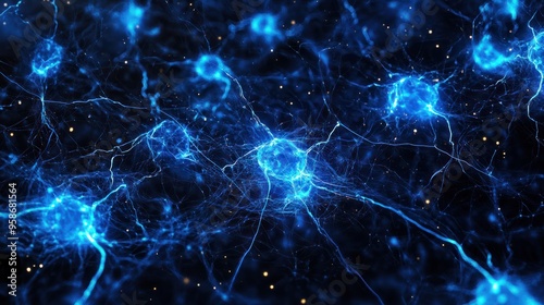 An abstract representation of a neural network with electric blue lights and dynamic energy sparks on a dark background.